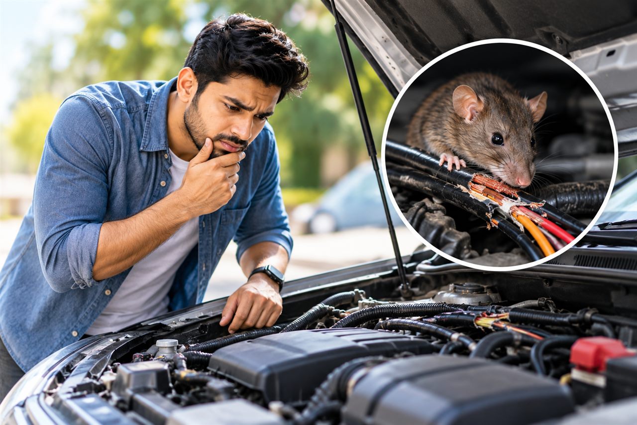 Worried driver inspecting a car engine damaged by rodent bites